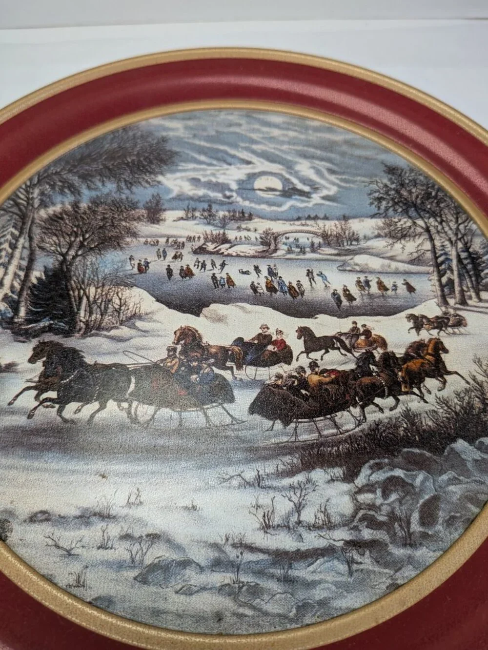 Vintage Currier Ives Central Park in Winter Holiday Cookie Tin Lid Plaque 10x3.7